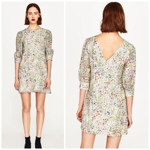 ZARA 3/4 Sleeve Textured Ditsy Floral Printed Women's Mini Dress, Lined, S